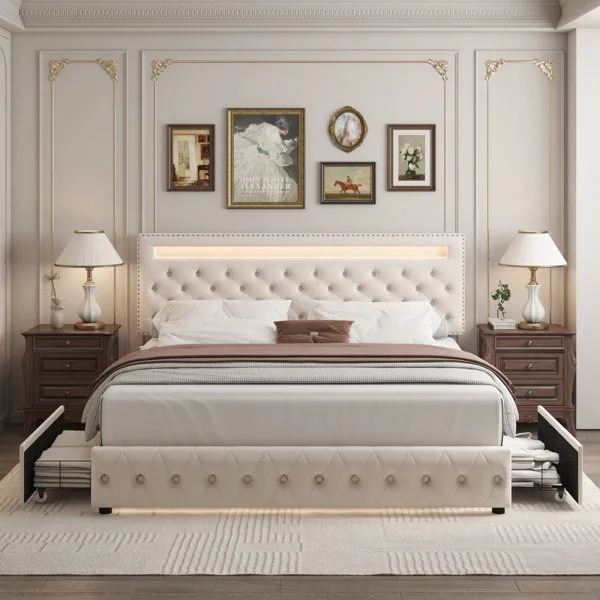 

2024 Upholstered Metal Platform Storage Bed Large Storage Space Noiseless and Easy to Assemble