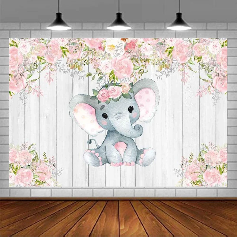 

Photography Backdrop White Wood Elephant Pink Floral For Baby Shower It's A Girl Birthday Party Decor Background Portrait Shoot