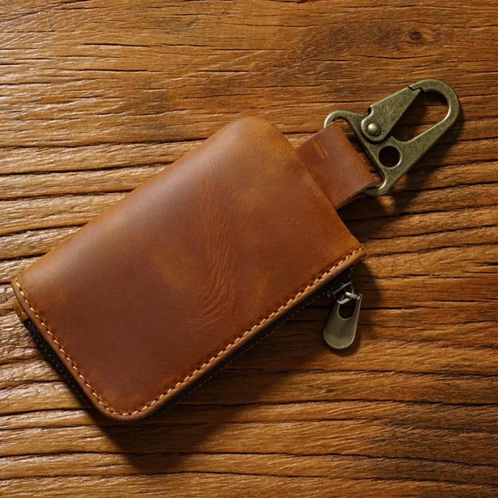 Genuine Cowhide Key Fob Holder Antique Brass Carabiner L-Shaped Zipper Crazy Horse Leather Wallet Scratch-Responsive Skin