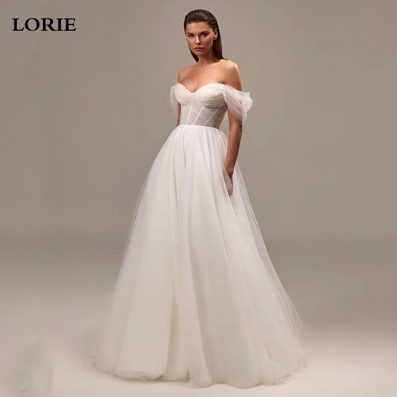 

LORIE Simple A Line Wedding Dress vestidos de novia Pleats Off The Shoulder Bride Dresses Soft Tulle Wedding Gowns