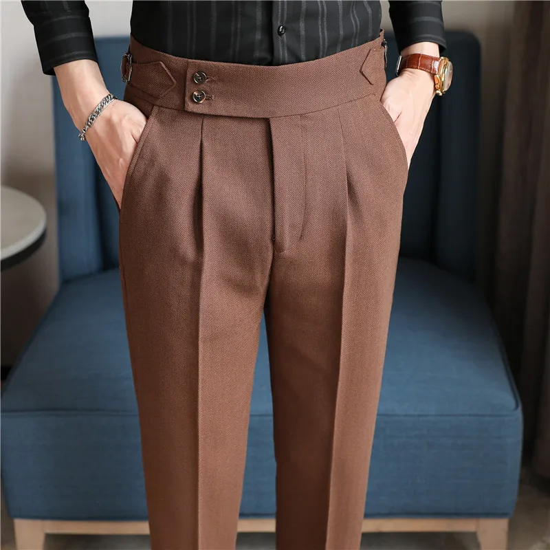 High-end Waist Adjustable Trousers Men British Style High Waisted Solid Color Casual Pants Office Social Business Suit Pants