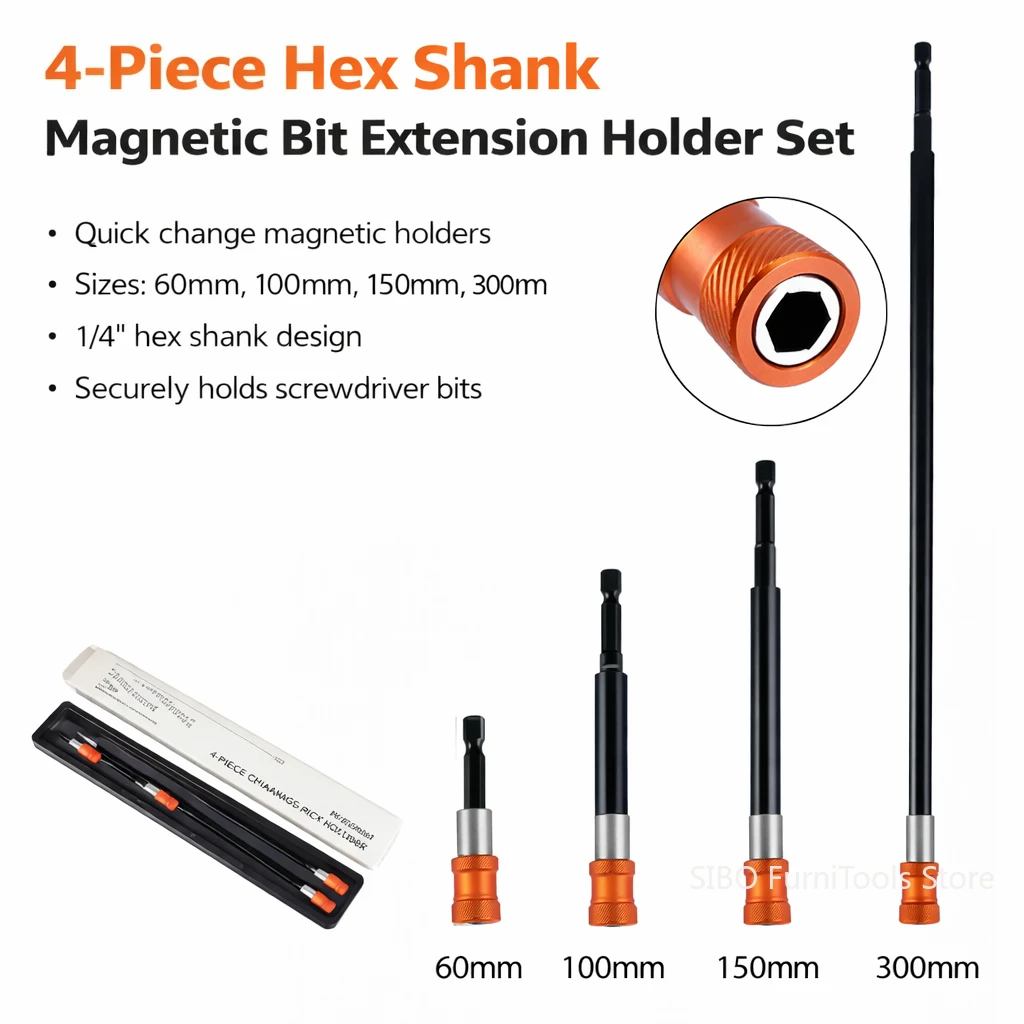

4PCS Magnetic Bit Extension Holder Set 1/4 Inch Hex Shank Quick Change Screwdriver Bit Holder 60 100 150 300mm