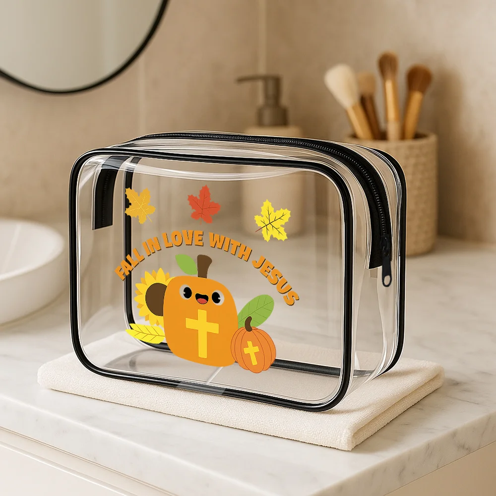 Neceser transparente con temática de otoño.
