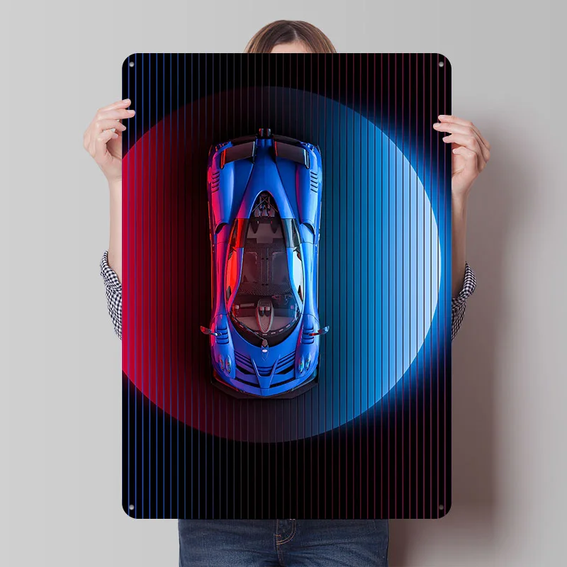 Blue Sports Car With Neon Lighting Metal Poster Customized Wall Art Retro Vintage Tinplate Signs for Man Cave Desk Decor Room