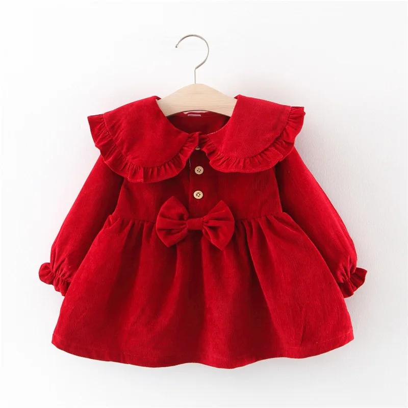 Spring and Autumn Girl Baby Long-sleeved Princess Big Lapel Skirt Solid Color Basic Simple Dress