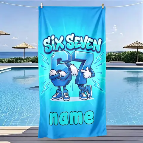 Personalized 67 Number Beach Towel, Custom Name Super Absorbent Quick Dry Microfiber Towel, Cartoon 67 Print Sandproof Blanket
