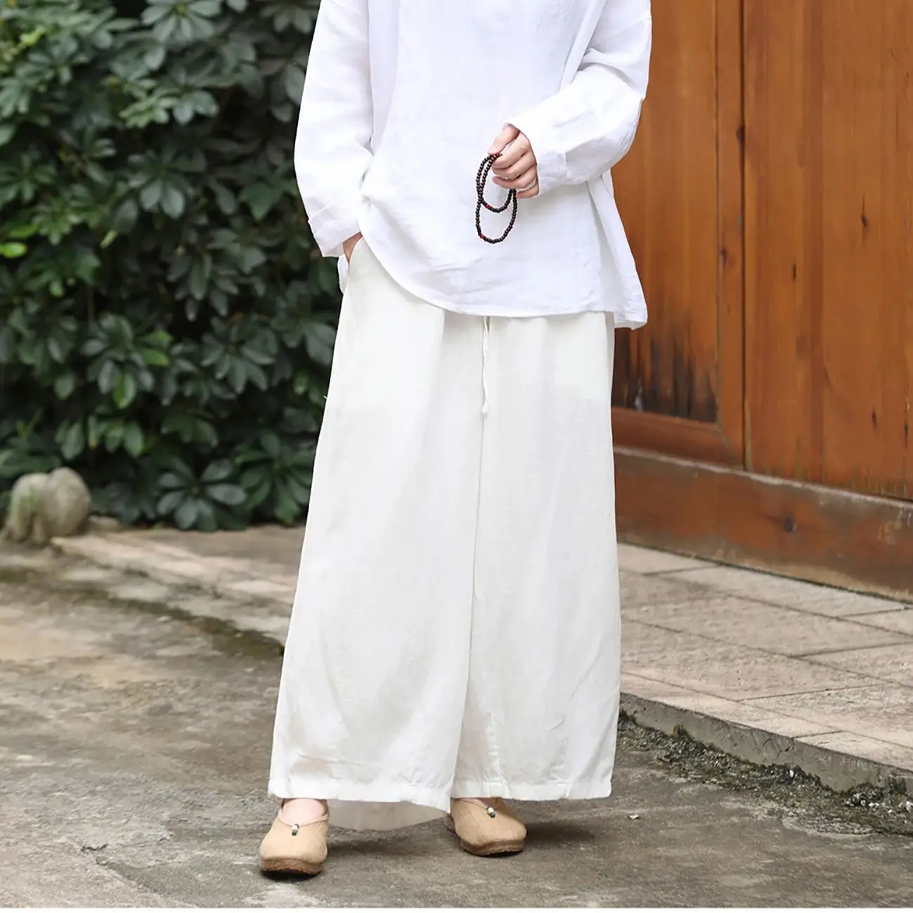 

LZJN Летние комфортные однотонные свободные широкие брюки с эластичной резинкой на талии и большим расклешенным низом, универсальные длинные брюки для отдыха