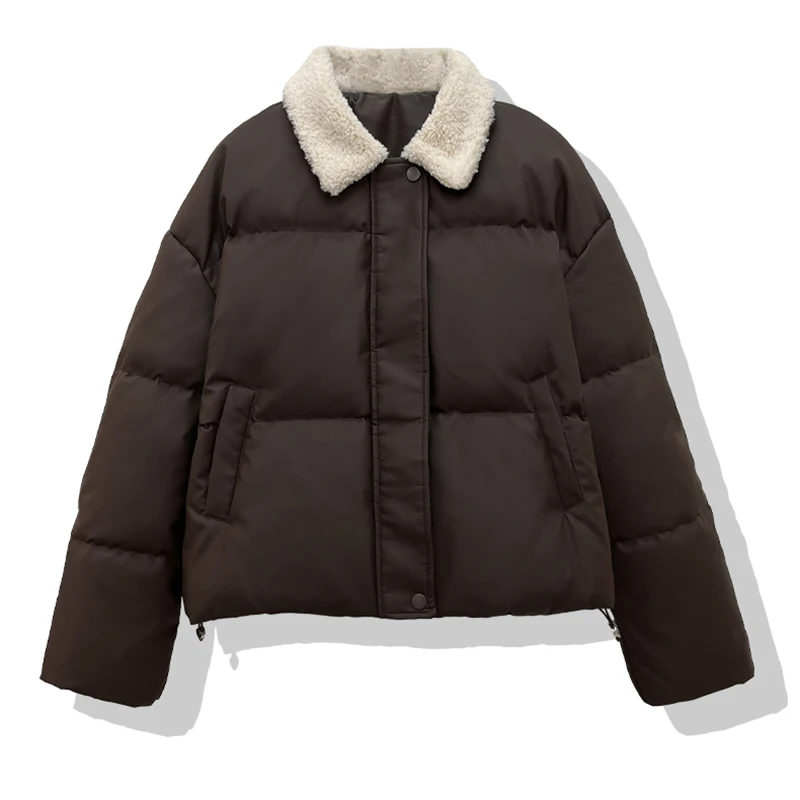 

Winter PU Lamb Wool Splicing Down Jacket Female Warm Zipper Quilted Jackets Coat Women 90 White Duck Down Lapel Parkers Outwears