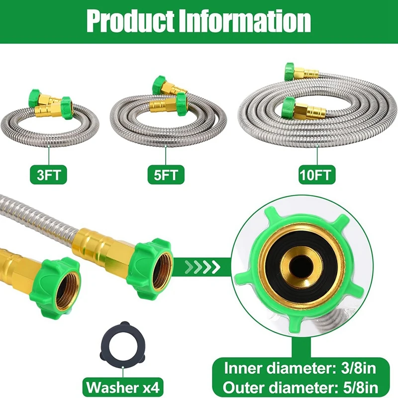 Short Garden Hose, Metal Leakproof Leader Hose, 304 Stainless Steel Flexible Hose For Outdoor Garden Watering Easy Install 3Ft