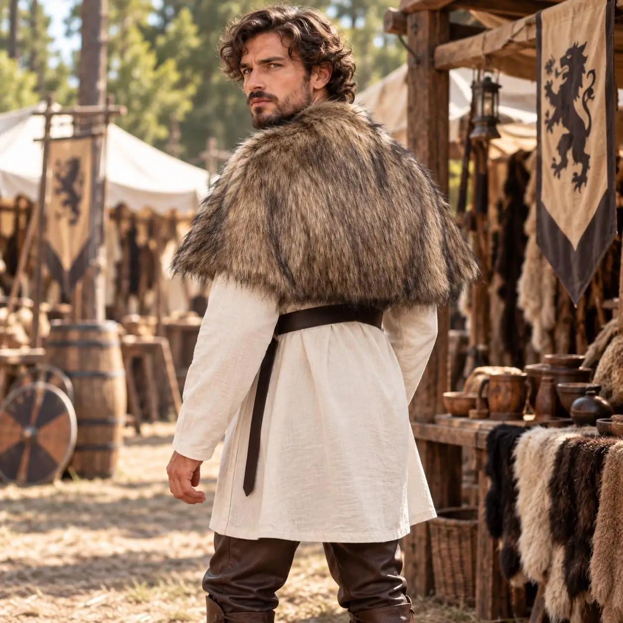 Halloween Medieval Faux Fur Shoulder Cape, Viking Warrior Shawl, Ren Faire Cosplay Fur Collar Cloak, Adjustable Chest Strap Cost image 3