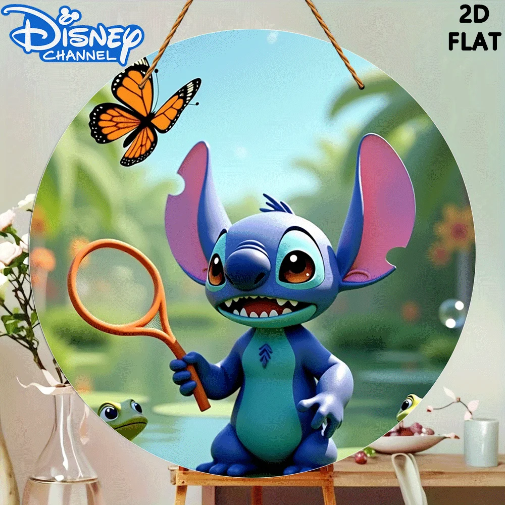 لافتة باب خشبية لمضرب الفراشة من ديزني ستيتش ثنائية الأبعاد - ديكور حائط من الخشب الاصطناعي الدائري مع تصميم غرزة وفراشة، C