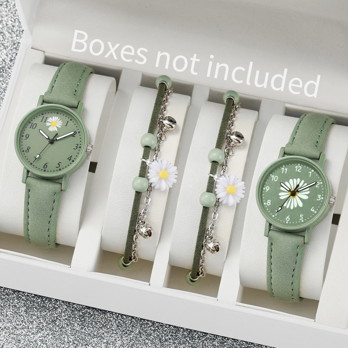 Quartz Watch com pulseira de couro PU, pulseira flor verde, caixa não incluída, moda, 4 pçs/set