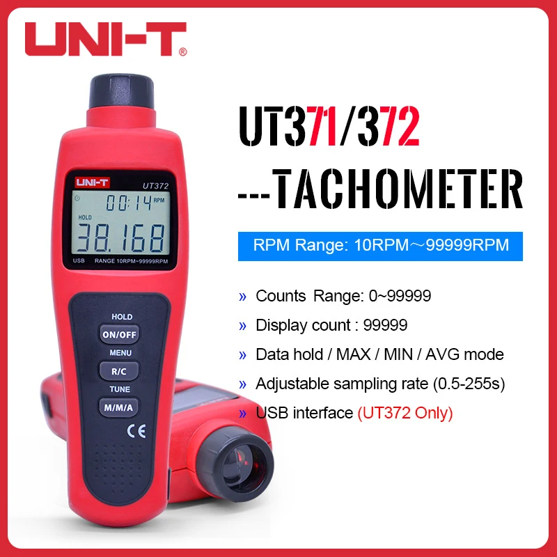 

UNI-T UT371/UT372 Non-Contact Digital Laser Tachometer 100000 Counts RPM Range 10RPM-99999RPM Data Hold Odometer