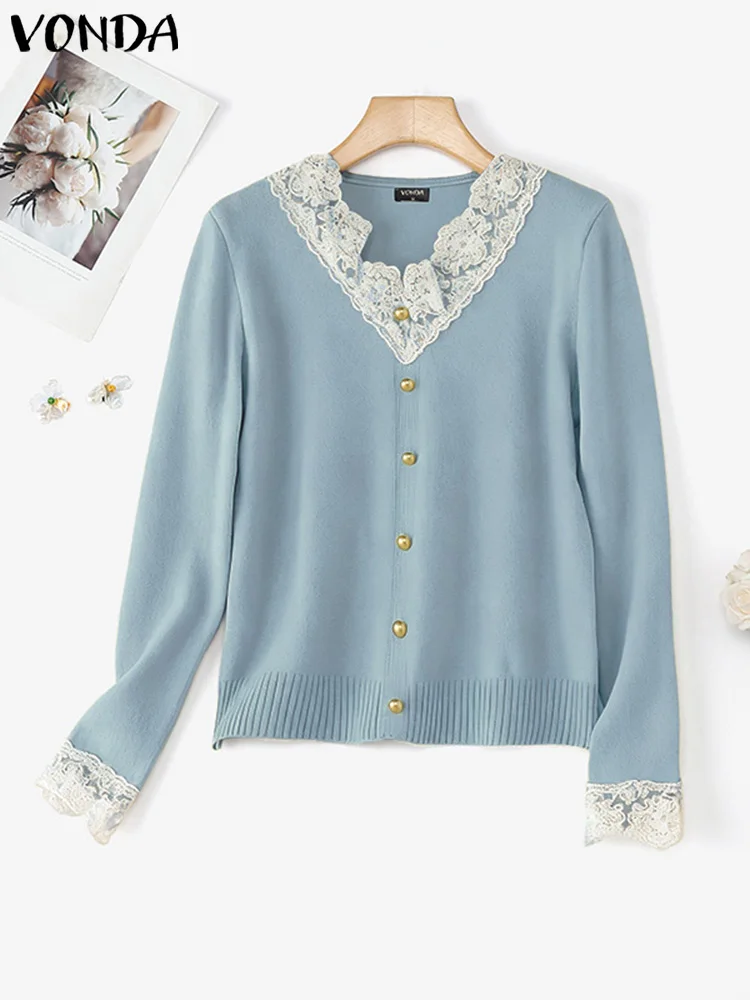 

VONDA Fashion Women Knittted Pullovers Sweaters Long Sleeve Lace Patchwork Jumpers 2025 Autumn V-Neck Elegant Office Knitwear