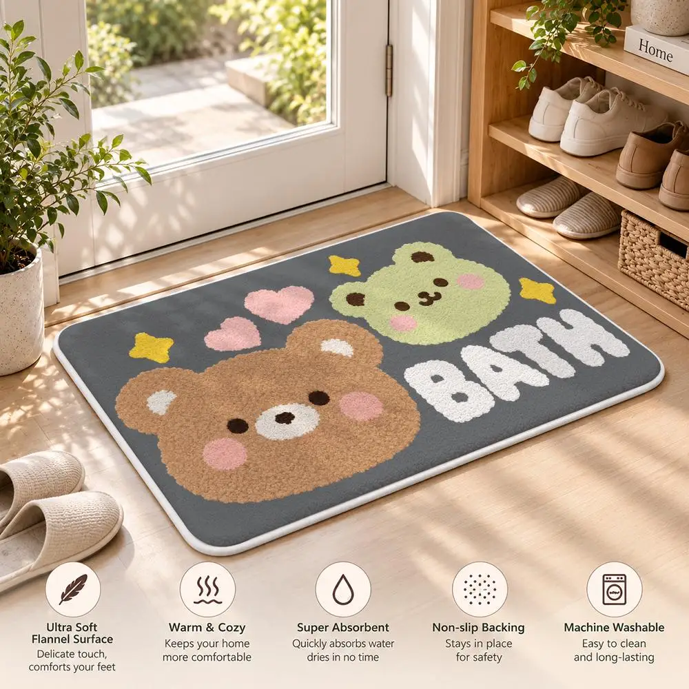 Bear Bath Buddies Cozy Style Floor Mat Soft Flannel Non Slip Door Mat for Bathroom Bedroom Entryway Home Decor Gift