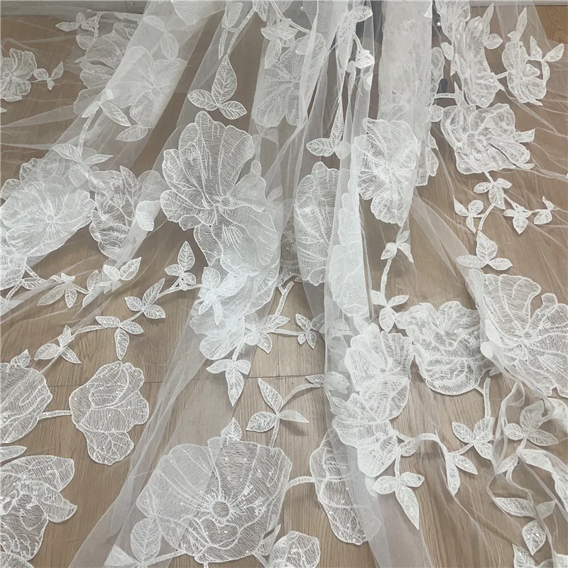 LFY New Style LB293  Big Flower Sequins Embroidery Mesh Lace Fabric DIY Dress Wedding Dress Fabric French lace