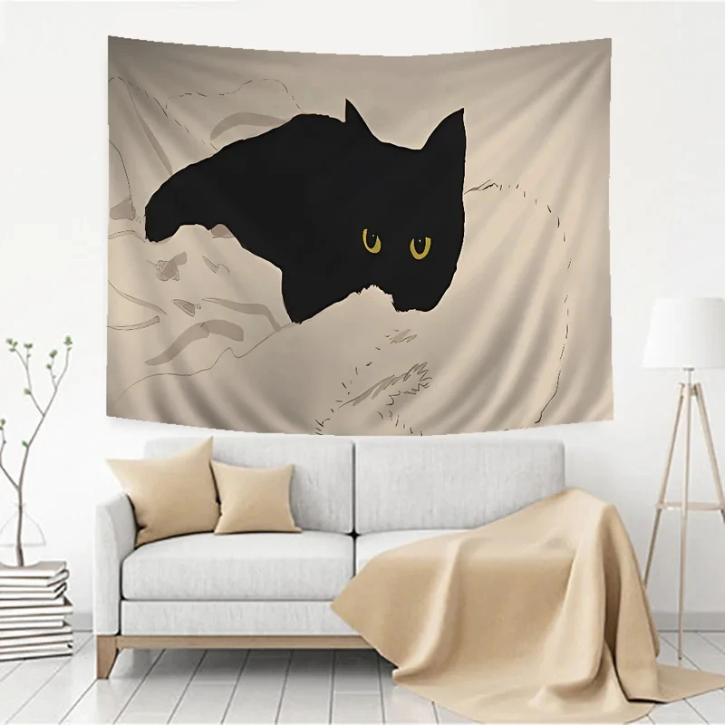 VIKAMA Wandteppich im nordischen Stil mit schwarzer Katze, skandinavischer Wandbehang für Wohnzimmer, Schlafzimmer, Sofa, Hintergrund, Heimdekoration