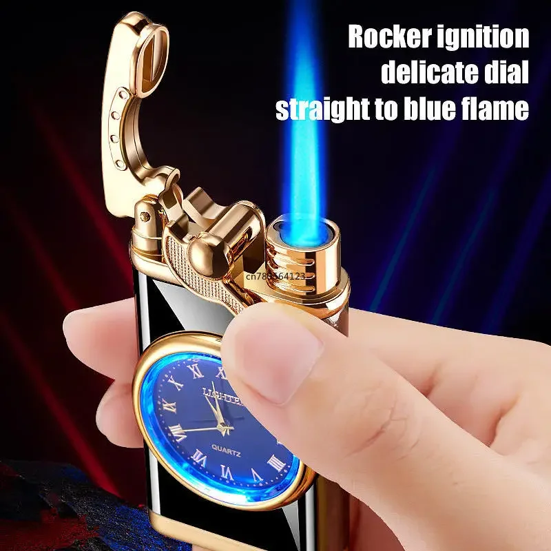 Rocker Arm Watch Metal Unusual Gas Lighters Jet Butane Torch Lighter Windproof Cigarette Cigar Lighter Gadgets for Men Wlth  Box