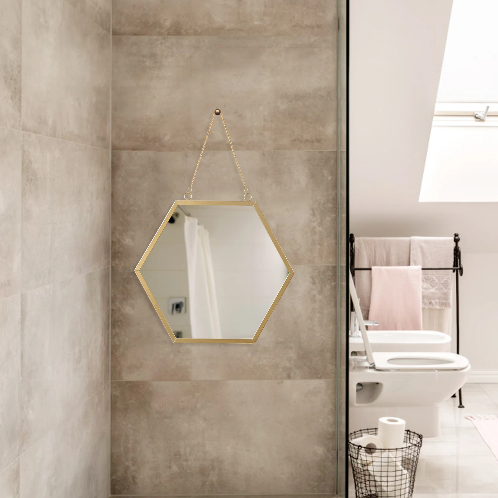 

Hanging Hexagon Mirror Premium Glass Wall Decor with Chain for Makeup Station Dormitory Porch Household Punch-Free Installation