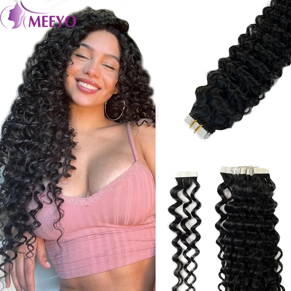 

Curly Tape in Hair Extensions Natural Black Deep Wave Tape in Human Hair Extensions Full Ends Invisible 20Pcs 50G Brazilian Hair