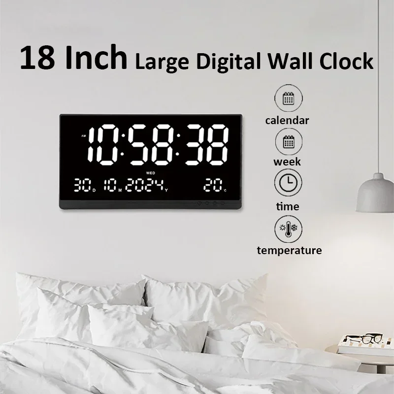 21 Inch Large Digital Wall Clock USB Powered Time Calendar 12/24H Time/Day/Month/Year/Temp Display Electronic LED Alarm Clock