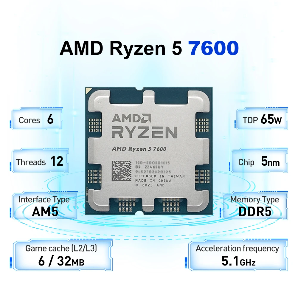 AMD Ryzen 5 7600 3.8GHz 6-Core 12-Thread R5 7600 Processor 65W 5NM L3=32M DDR5 Socket AM5 No Fan