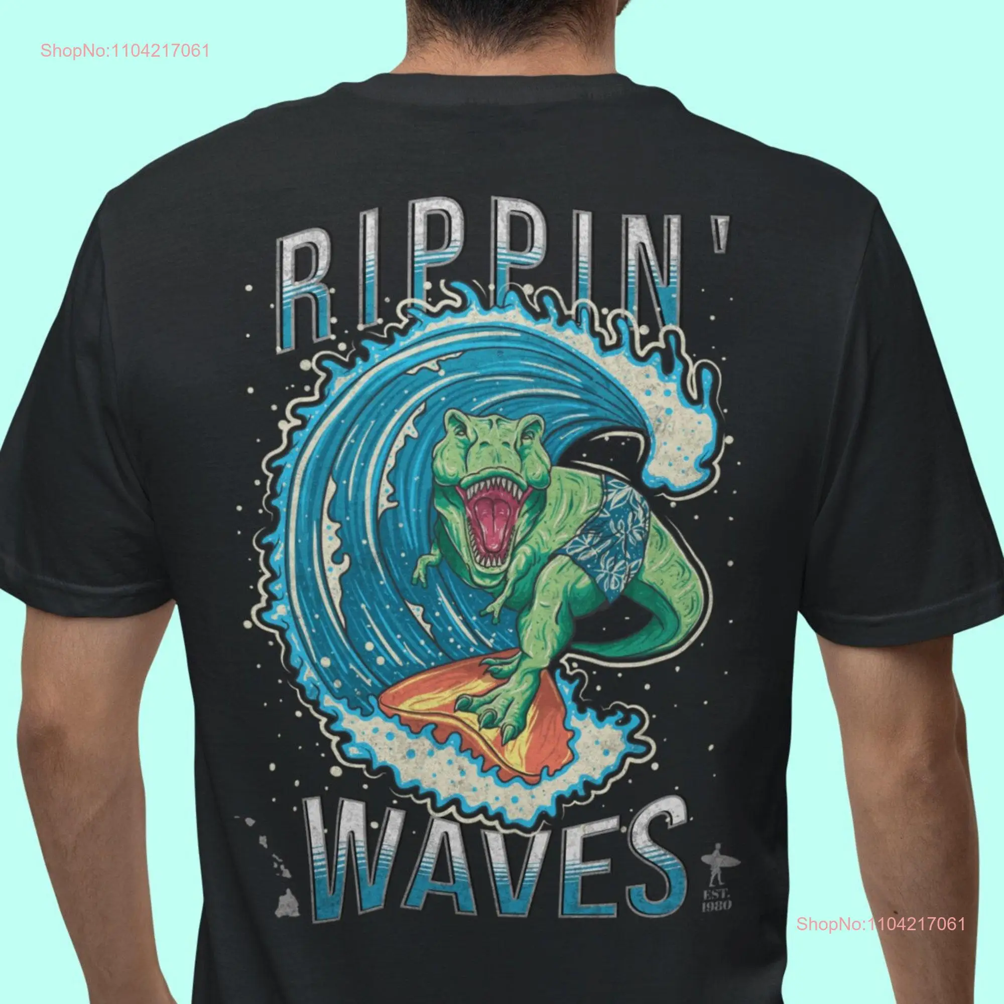 Dinosaur Surfing T Shirt Rex Cool Surf 80s Vintage Wave Retro Surfboard Beach  long or short sleeves