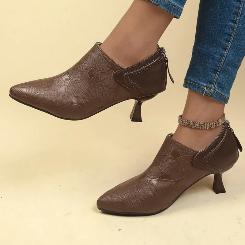 2023 Autumn Women Ankle Boots Elegant Brown Suede Short Mixed Leather Iron Thin High Heels Black