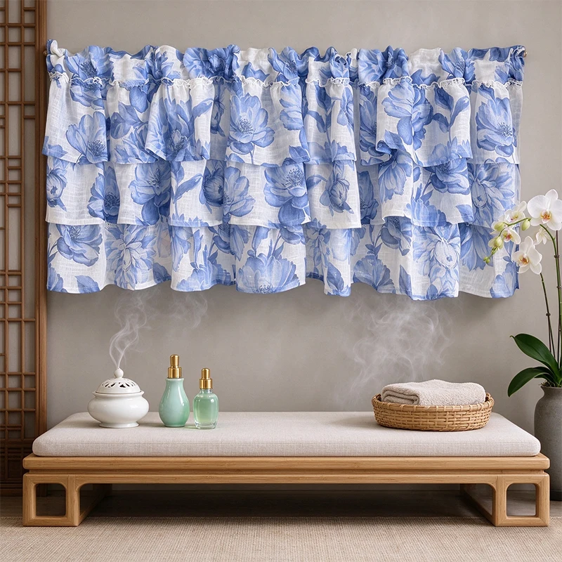 1pc Vintage Chinese Style Linen Cafe Curtain, Blue Peony Print, Triple Tiered Ruffle Panels, Rod Pocket Light Filtering Drape