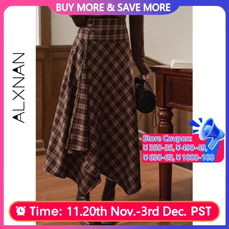 

ALXNAN Women's Skirt Autumn New Vintage Plaid Long Wrap Skirt Trend 2025 Elegant Irregular Hem Checkered Midi Skirts L569117