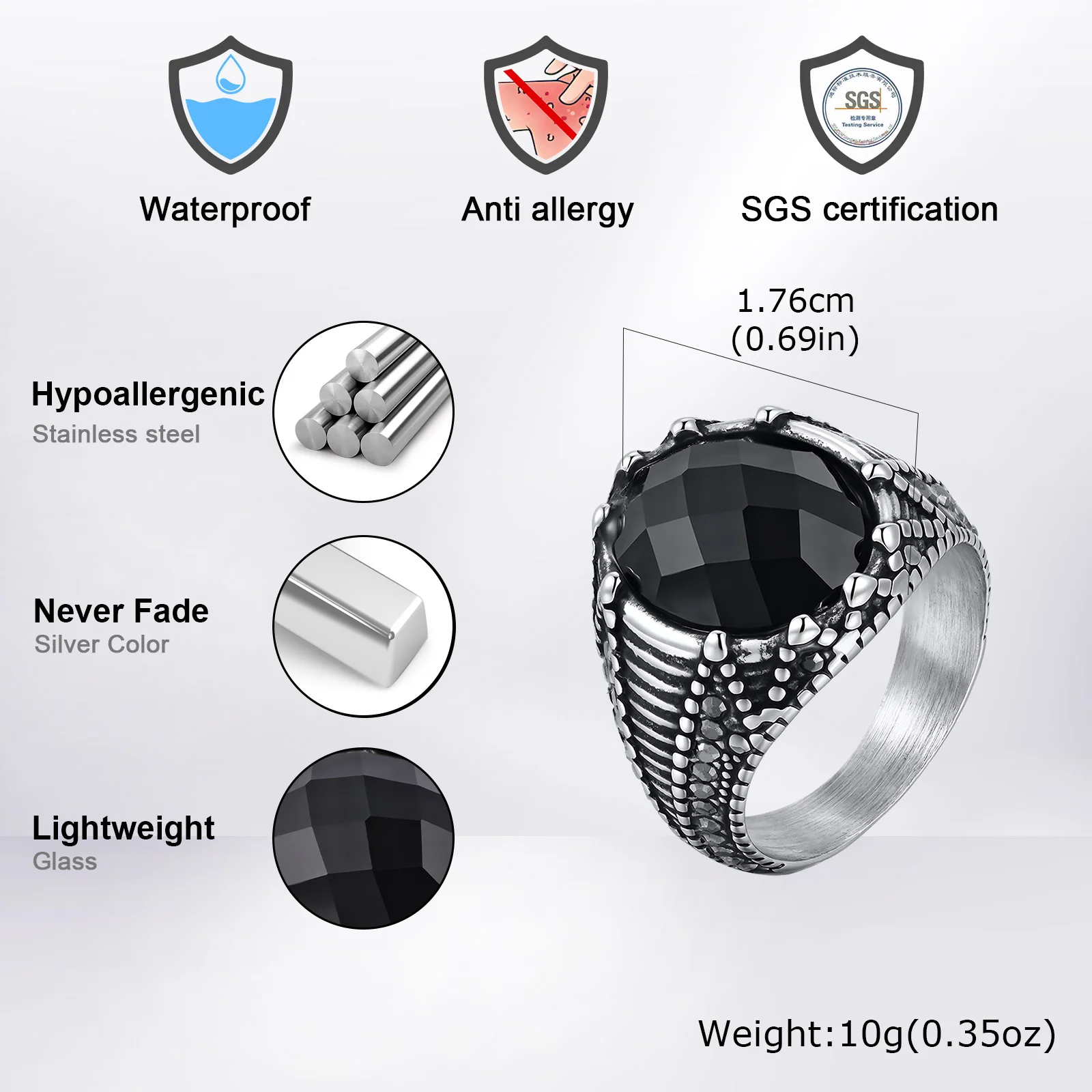 خاتم رجالي من الفولاذ المقاوم للصدأ بتصميم هندسي على طراز البانك روك، مصنوع من الزجاج الأسود البيضاوي، بتصميم حراشف التنين، مناسب لحفلات الهيب هوب، هدية مجوهرات عتيقة