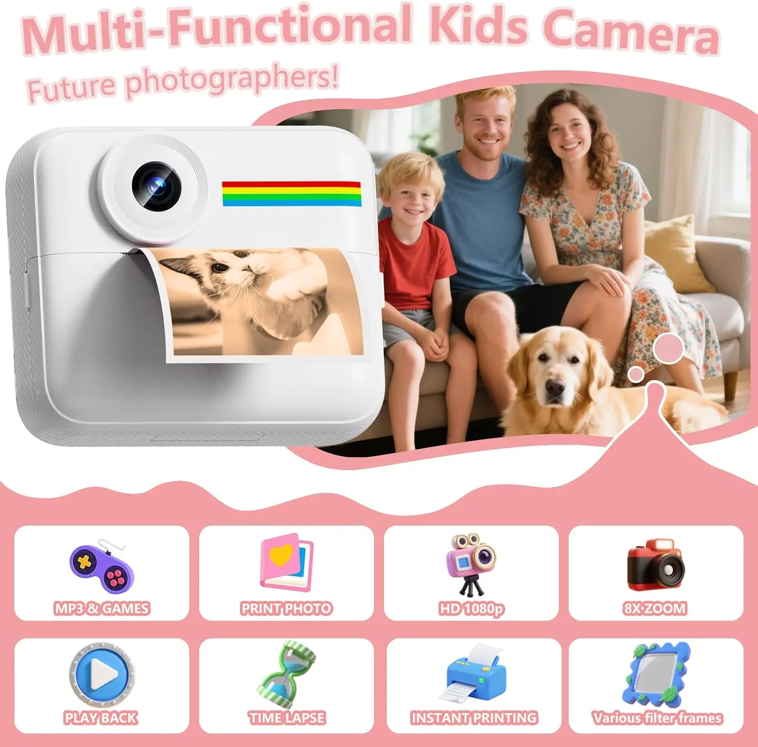 Kids Camera Instant Print with Color Printing Paper and 32GB Card, Front Rear Dual Selfie Kids Camera with 1080P Videos