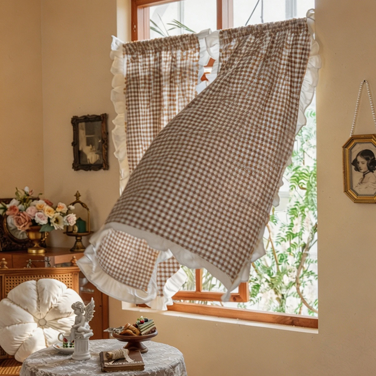 1Pc French Country Style Ruffled Curtain,a Versatile Decoration for Kitchens,Guest Rooms, Bedrooms,Bay Windows,Restaurants,Cafes