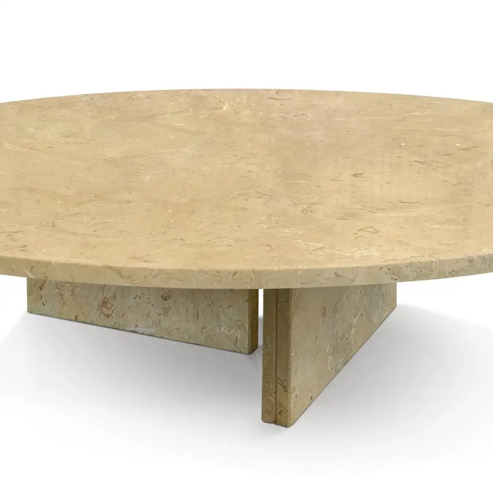 โต๊ะกาแฟหินอ่อนสีทองเหลืองเบจธรรมชาติสำหรับห้องนั่งเล่น หินแท้ ขนาด Ø35.4 x 9.8 นิ้ว เฟอร์นิเจอร์หินแท้สุดหรู