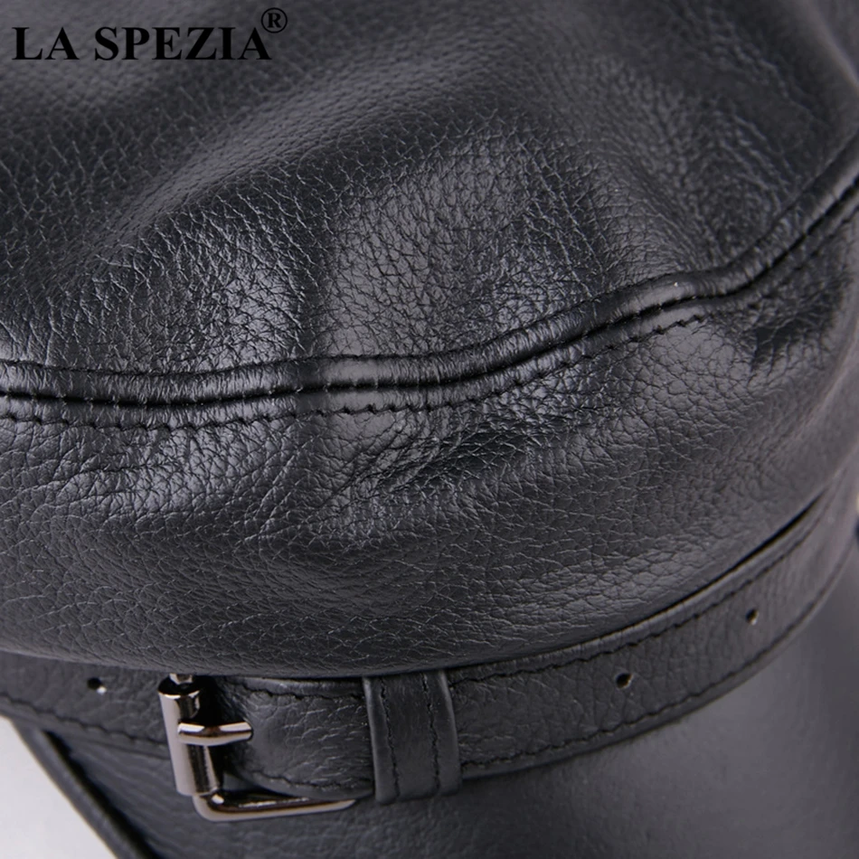 LA SPEZIA Men Army Hat Leather Military Caps Male Casual Black Captain Hats Retro Spring Adjustable Luxury Classic Flat Top Caps