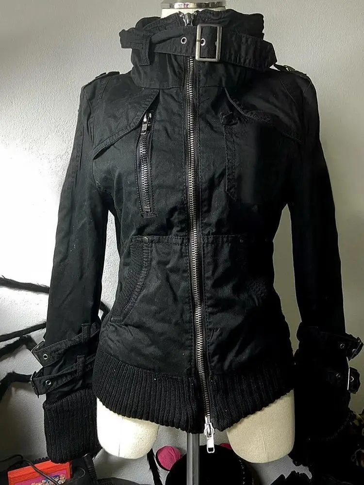 American Vintage Y2k Subculture Gotihc Coats Women Stand‑Up Collar Bandage Decor Slim Casual Street Trend Outwear Jackets