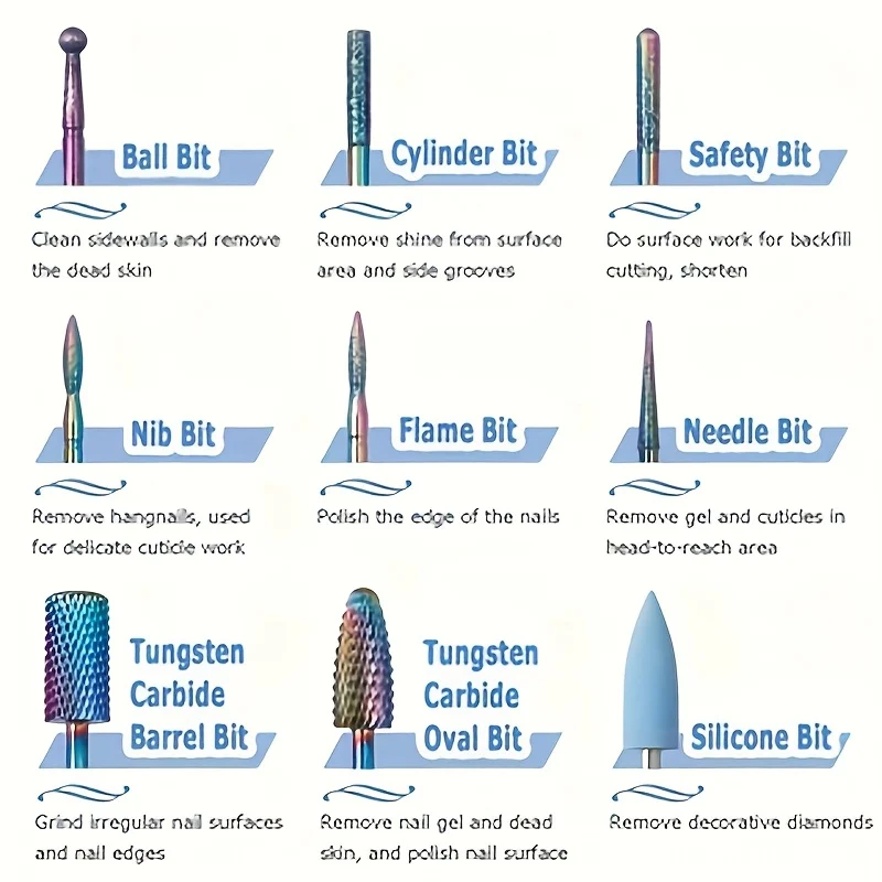 11개 네일 드릴 비트 세트 3/32" 초경 네일 파일 전동 네일 드릴 키트, 가정용 살롱 및 네일 페디큐어용 전동 네일 파일