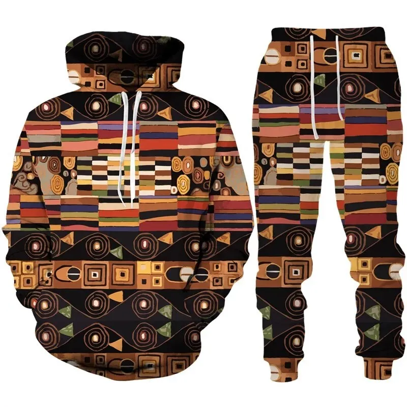 New Vintage Abstract Pattern 3D Print Men Clothing Suit Ethnic Style Hoodie Pants 2 Piece Set Men\'s Sportswear Tracksuit Autumn