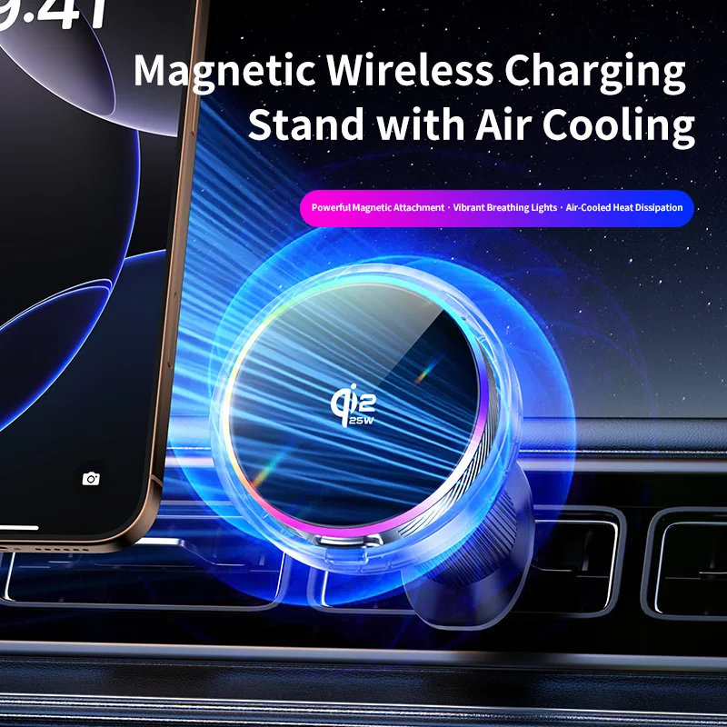 

Qi2 Car 25W Magnetic Wireless Charger RGB Light Air Cooling Phone Holder For Magsafe iPhone 17 16 15 14 13 12 Pro Fast Charging