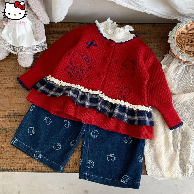 

Sanrio Girls' Sweater Jacket Hello Kitty Autumn New Anime Children's Sweet Cartoon Knitted Cardigan Little Girl Kawaii Jeans