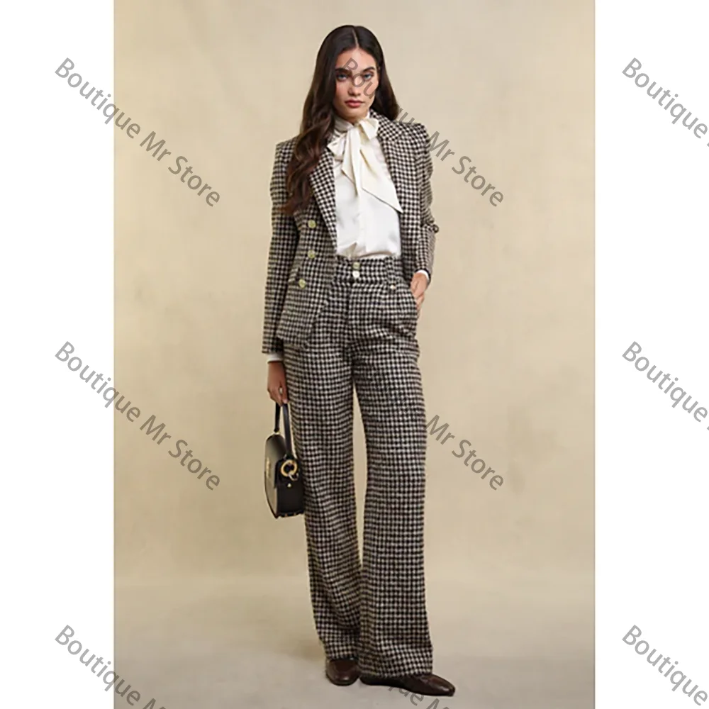 Luxury Elegant Houndstooth Double Breasted Women Blazer Sets Pants Suits Two Pieces Custom Made Straight Clothing