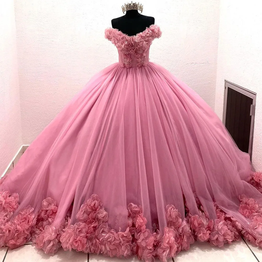 

2023 Pink Ball Gown Quinceanera Dresses Party Formal 3D Flowers Lace Applique Princess Cinderella Birthday Gowns Robe De Soirée