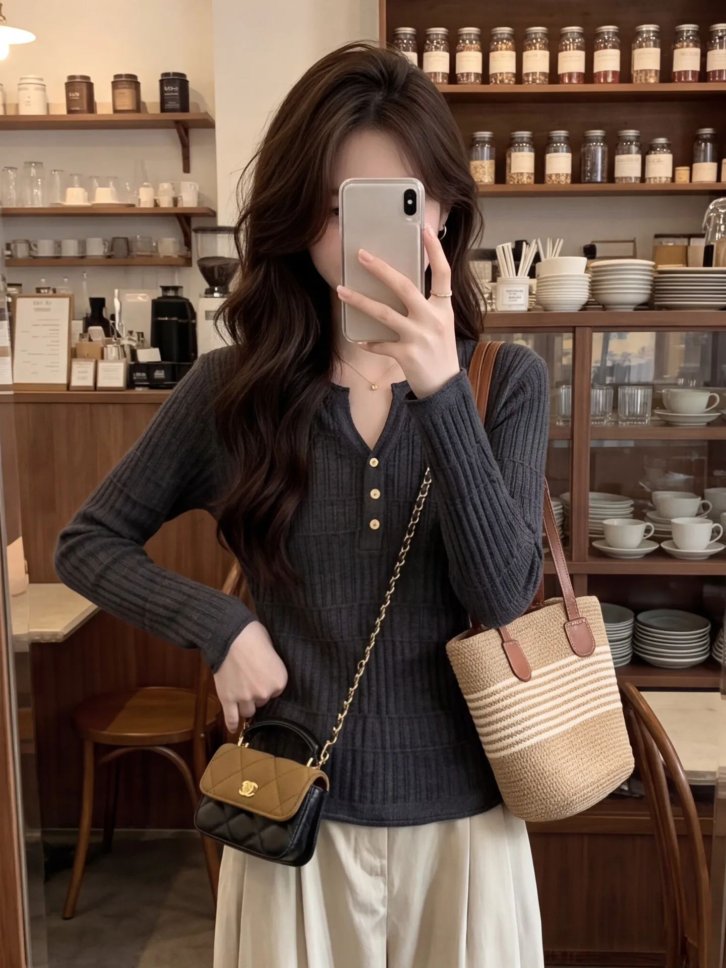 Slim Fit Knitted Sweater Women's Long Sleeve Henry Collar Button Pit Stripe Spring Autumn New Style Korean Soft Knitwear