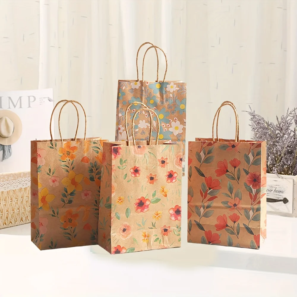 

4pcs Vibrant Floral Kraft Paper Gift Bags with Handles - Colorful Flowers & Leaves Design, 8.3x5.9x3.1 Inches