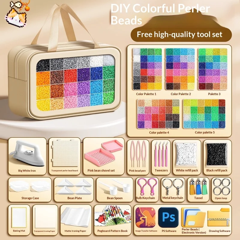 Perler Beads Complete Kit 2.6mm 240 Colors with Storage Bag Tool Set Iron Pegboard Tweezers for Kids Adults DIY Pixel Art Crafts