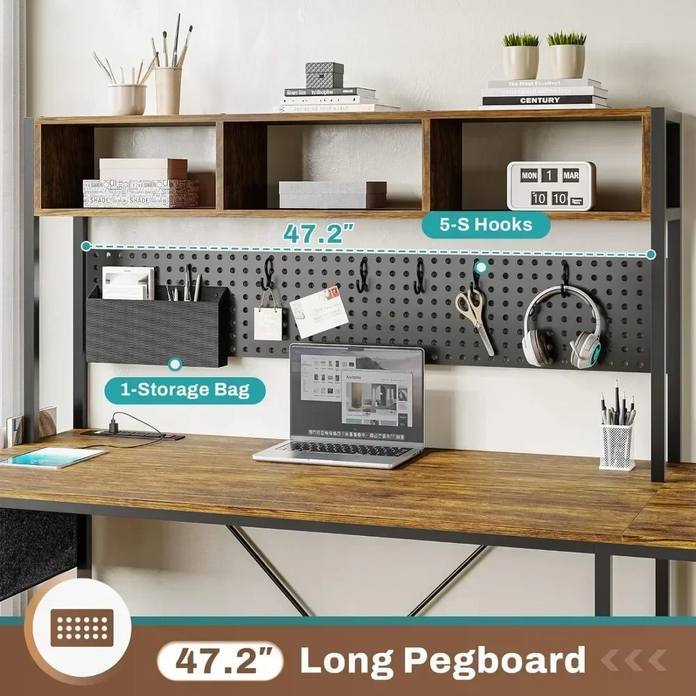 مكتب كمبيوتر على شكل حرف L مع مصابيح LED ، مكتب زاوية قابل للعكس مع منفذ طاقة وpegboard