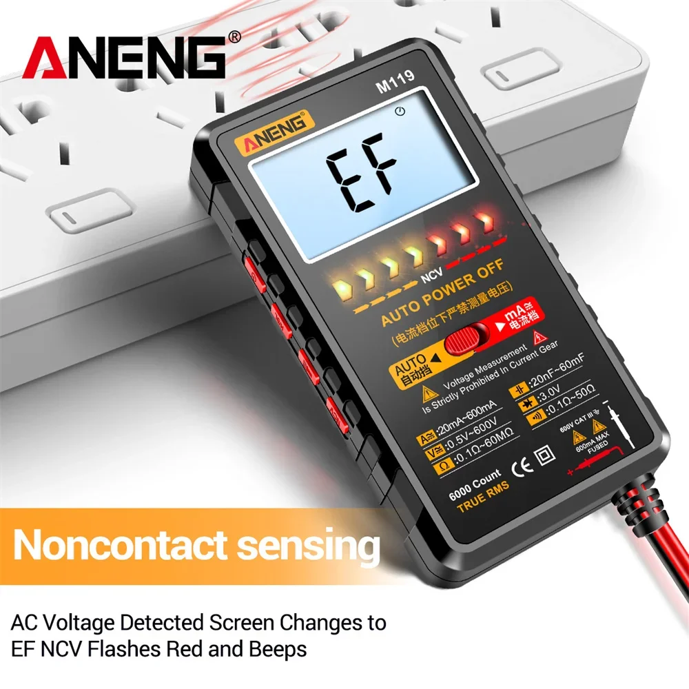 Aneng-デジタル電流計,6000カウント電圧計,電流計,コンデンサー,ncvデータホールド懐中電灯付き