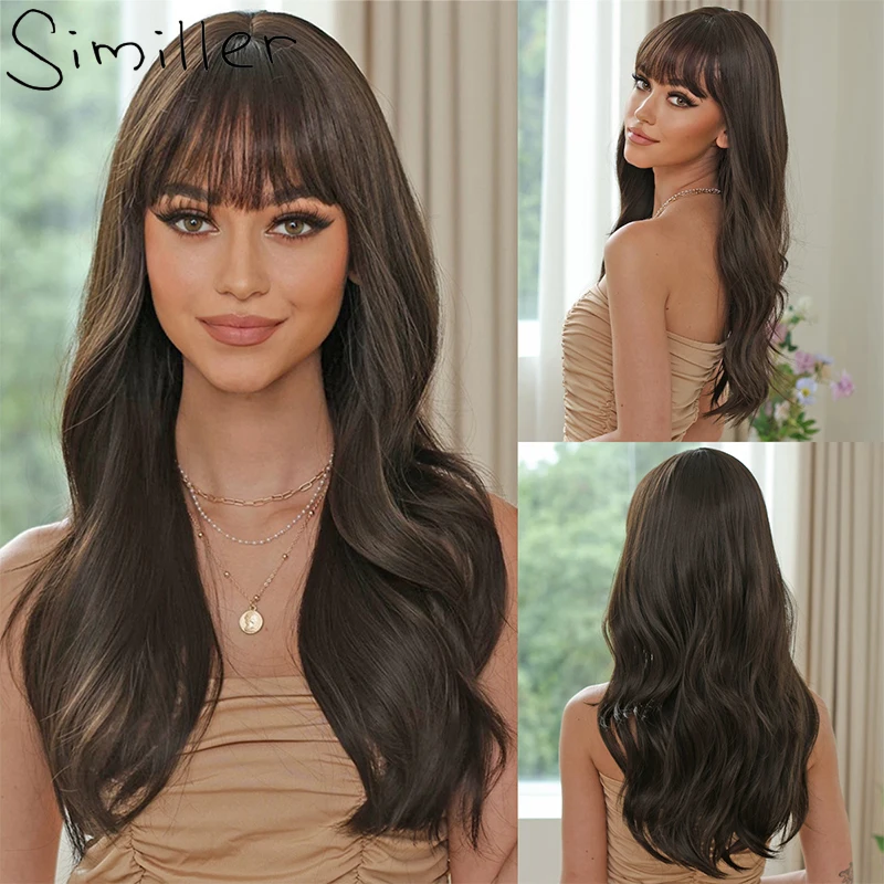 

Similler Women Long Synthetic Wigs High Temperature Fiber Big Wavy Brown Black Daily Use Wig with Bangs