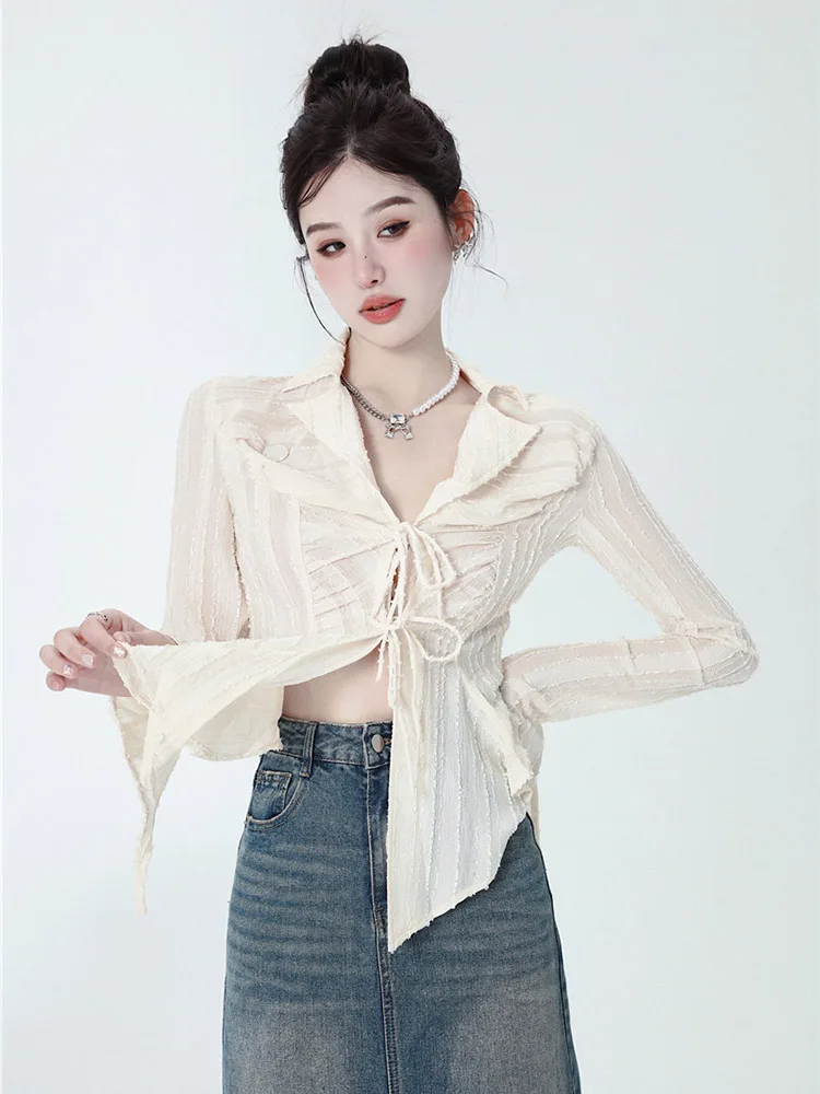 

Fashion Shirt Female Design Sense Niche New White Shirt Temperament Lace-up Strap Chiffon Tops Autumn New
