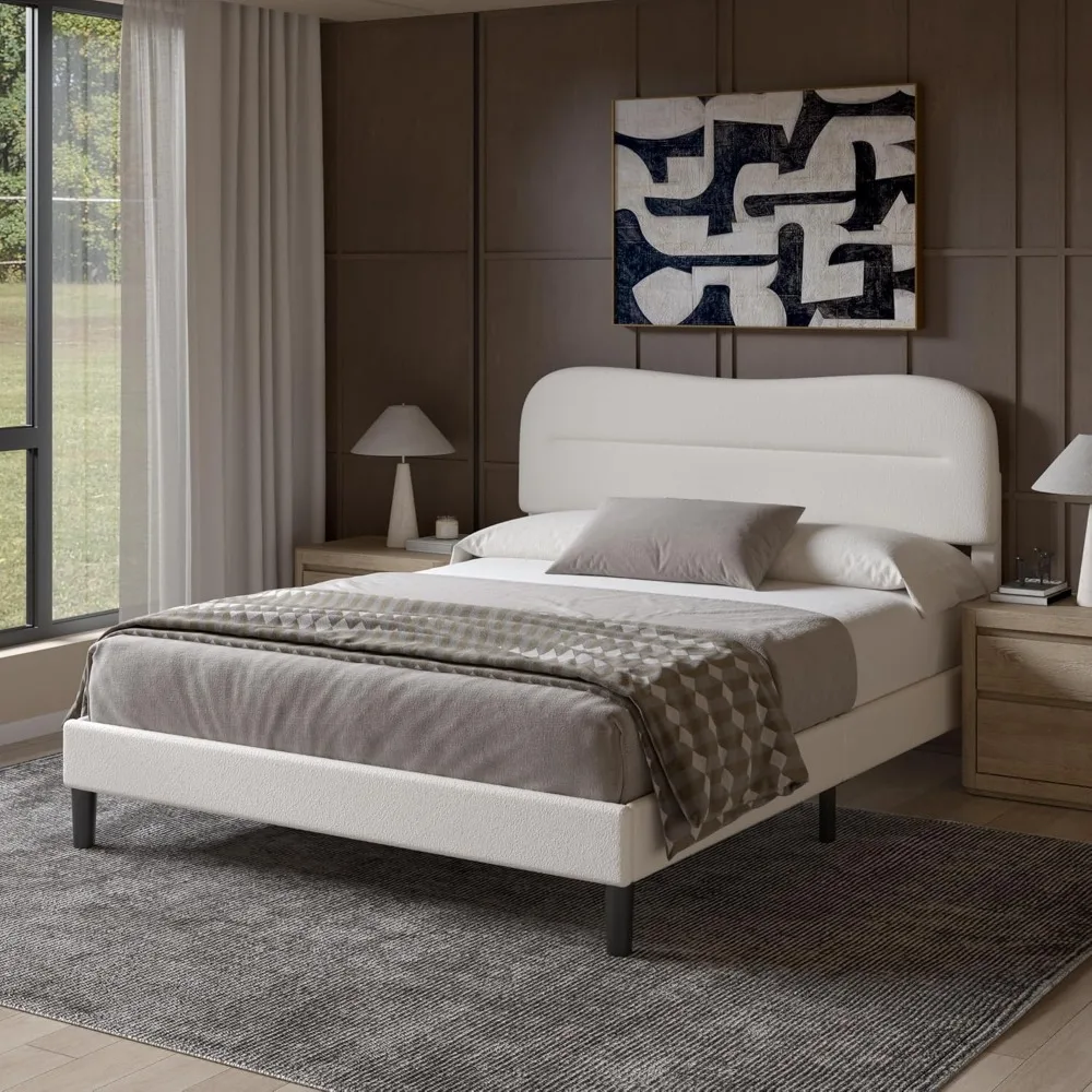 إطار سرير منجد بحجم كوين مع لوح رأسي، إطار سرير من القماش الناعم، إطار سرير بمنصة قوية منخفضة المستوى مع مقاس S #4